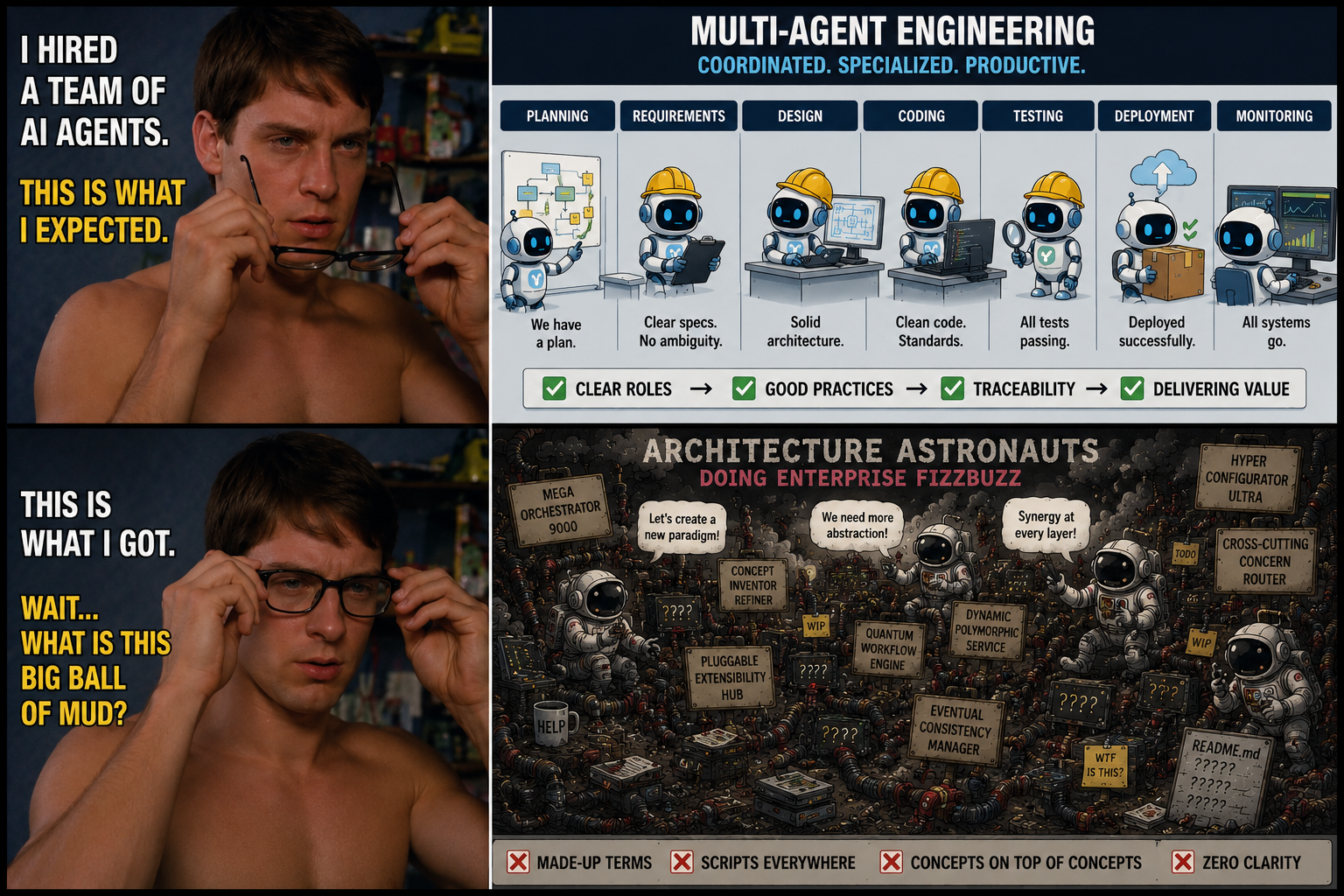Multi-agent engineering : l'équipe attendue et le résultat devenu illisible.
