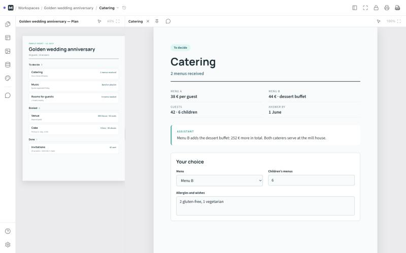 Maket list and page view: family event parts grouped by decision on the left, the catering page with its form on the right