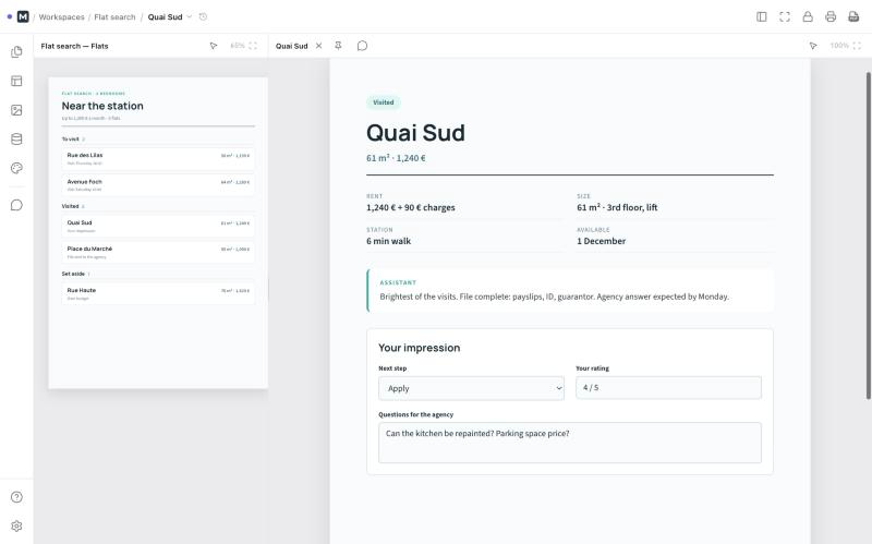 Maket list and page view: flats grouped by visit on the left, one flat page with its form on the right