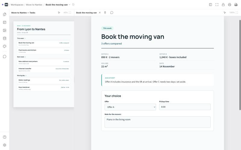 Maket list and page view: move tasks grouped by week on the left, the moving van page with its form on the right