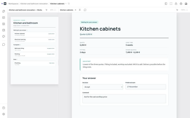 Maket list and page view: renovation jobs grouped by status on the left, the kitchen cabinets page with its form on the right