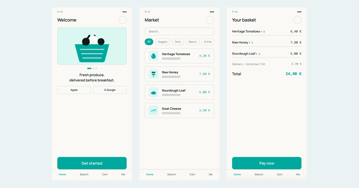 Three screens of an app wireframe