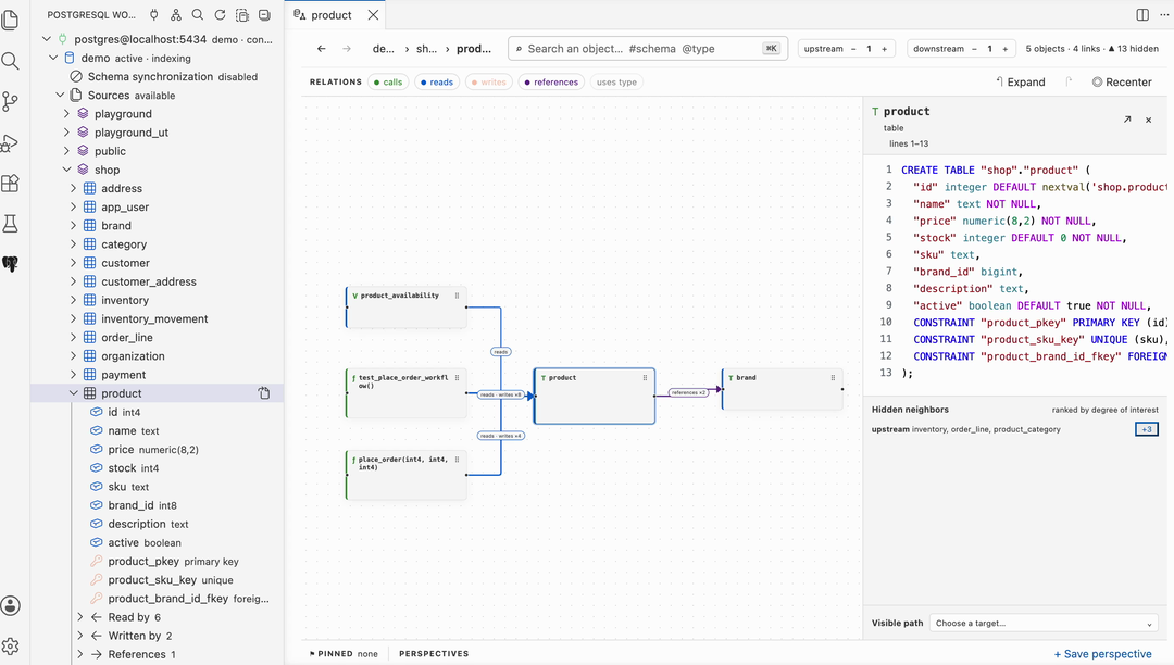 PostgreSQL Cockpit architecture graph and source inspector