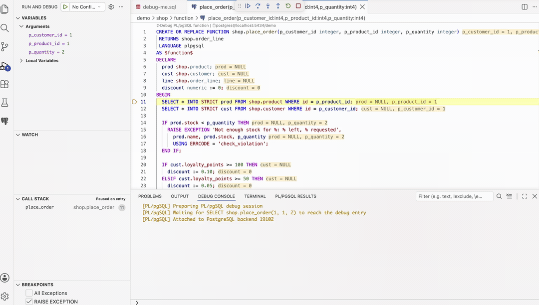 PL/pgSQL debug session with variables and source code in VS Code