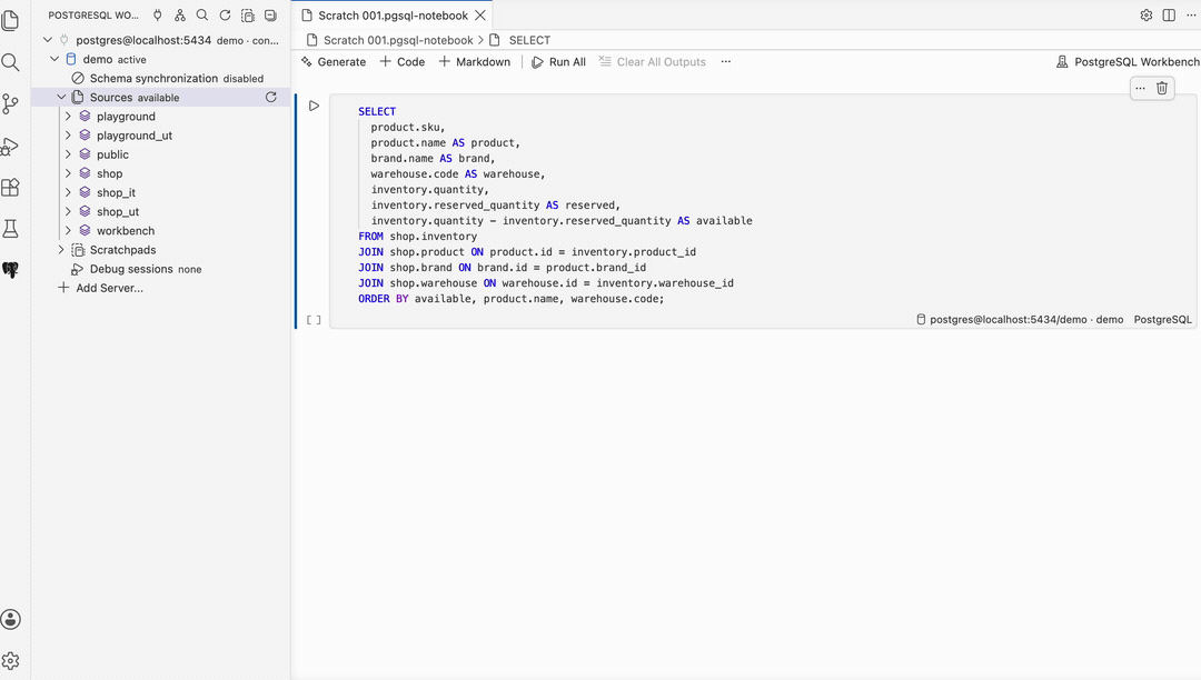 SQL notebook running a query and displaying a PostgreSQL result grid